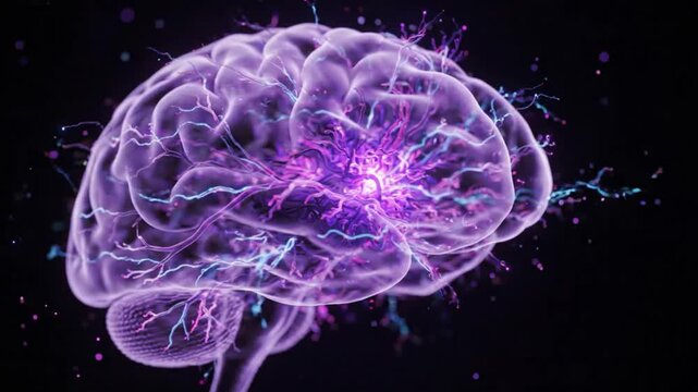 Futuristic transparent 3D human brain rotating on black background with glowing purple neural impulses, electric synapses firing, AI, neuroscience and medical technology concept animation 4K loop