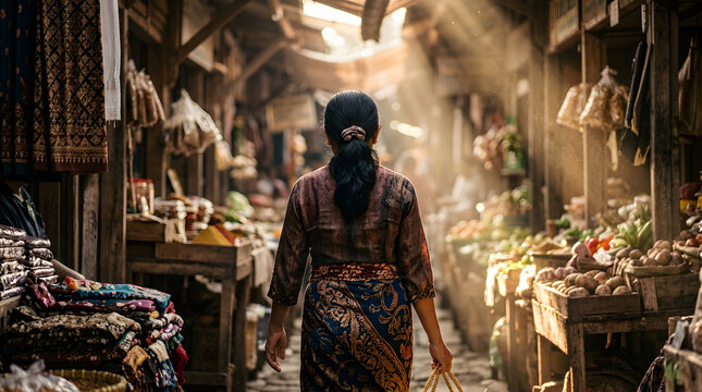 Woman walking through a traditional Asian marketplace with golden sunlight streaming through the roof, capturing vibrant culture and daily life
