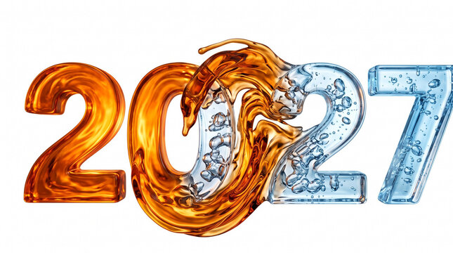 2027 Fluid Liquid Glass Splash Numbers in Amber Honey and Crystal Blue Water