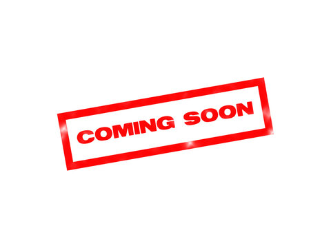 A rectangular red rubber stamp with the text coming soon written in bold black letters on a solid black background, for marketing isolated on a transparent background