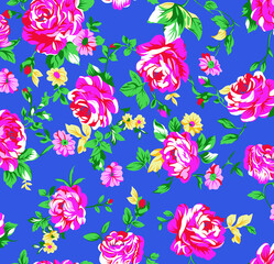 Vibrant floral pattern with pink roses on blue background © Wolfworker