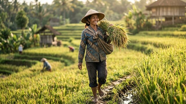 Local Indonesian farmer standing in lush green rice field at sunset