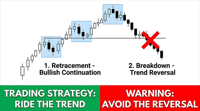Educational candlestick chart graphic showing retracement bullish continuation versus breakdown trend reversal warnings with clear green and red strategy banners.