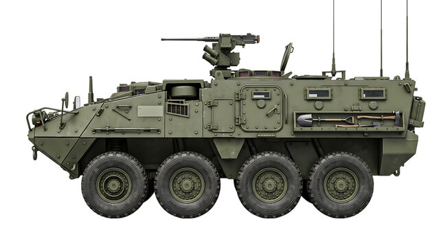 8x8 Wheeled Armored Personnel Carrier in Olive Drab Green Isolated on Transparent Background
