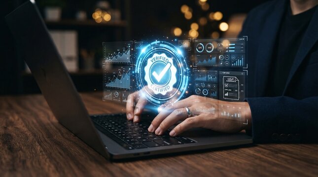 Professional developer analyzing system data with quality control checkmark icon holographic dashboard interface.