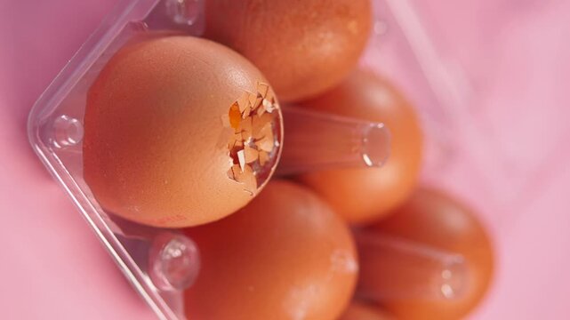 Close up of fresh brown eggs in transparent plastic carton box on pink surface for cooking.