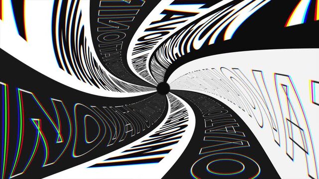 Innovation text spiral vortex tunnel in black and white kinetic typography background