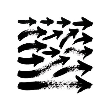 Hand-painted ink brush arrows set, black artistic directional symbols isolated on white background for graphic design