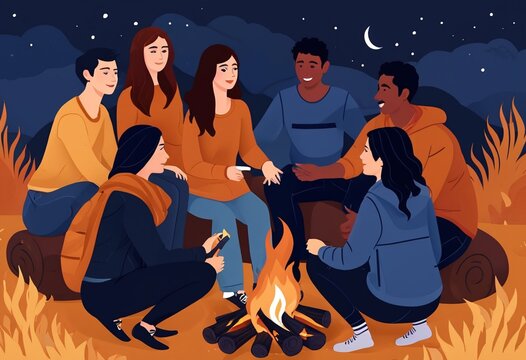 Diverse group of friends enjoying a bonfire under a starry night sky illustration