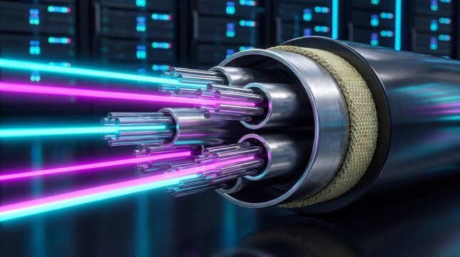 Fiber optic cable cross section transmitting data light beams