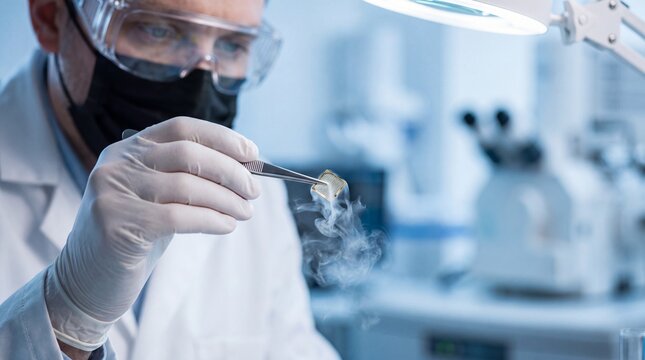 Scientist handling cryogenic biomedical grid in modern lab