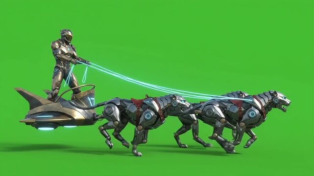 Cyborg charioteer driving cybernetic lions pulling hovercraft chariot