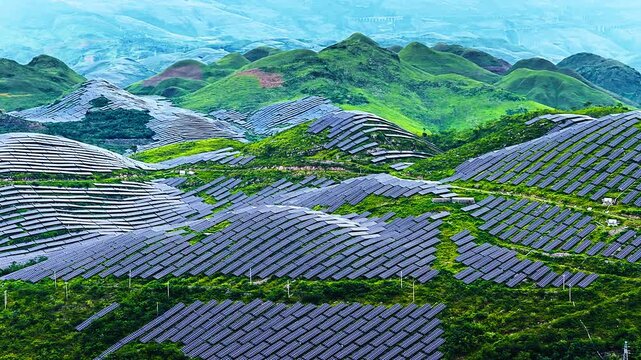 Vast array of solar panels covers rolling green hills in Guizhou, capturing clean energy production.