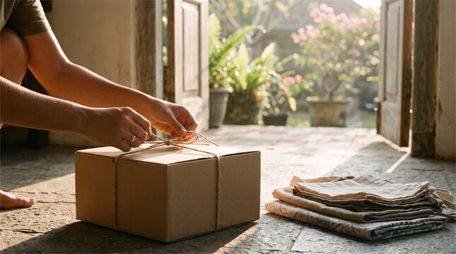 Hands Tying Jute Twine Around Cardboard Gift Box on Courtyard Floor