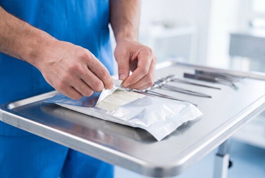 Doctor Opening Sterile Package with Medical Equipment on Stainless Steel Tray