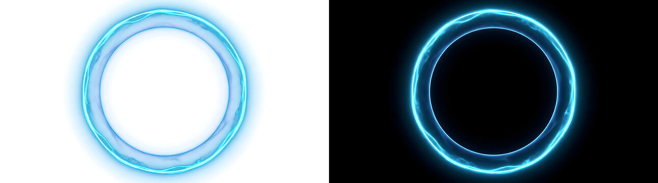 Portal with glowing cyan neon energy ring and soft blue halo for sci fi frames and video effects in PNG, Transparent and Black Background Versions