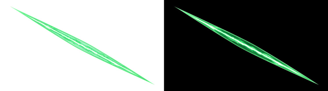 Energy blade with a sharp glowing green laser shard cutting diagonally for sci fi overlays in PNG, Transparent and Black Background Versions