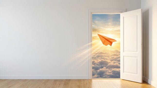 Paper airplane flying through an open door into a bright sky with clouds and sunlight