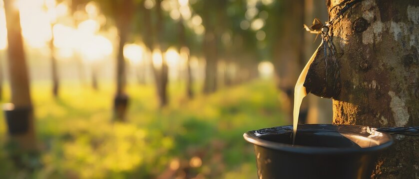 Latex sap extraction from rubber tree.