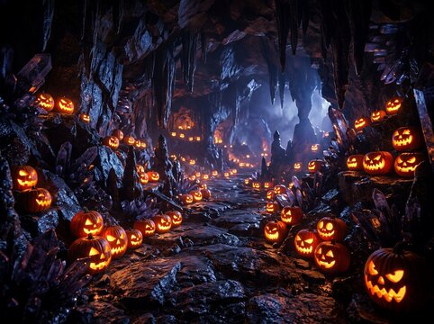 A dark subterranean cavern filled with numerous glowing jack o lanterns carved with spooky expressions, set amidst sharp dark crystals and rocky stone walls in blue tones.