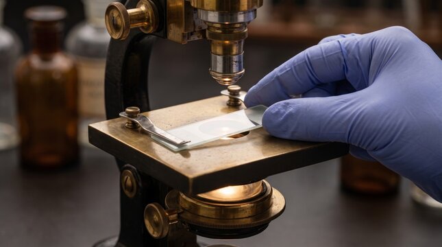 Scientist examining sample under precision microscope with gloved hands