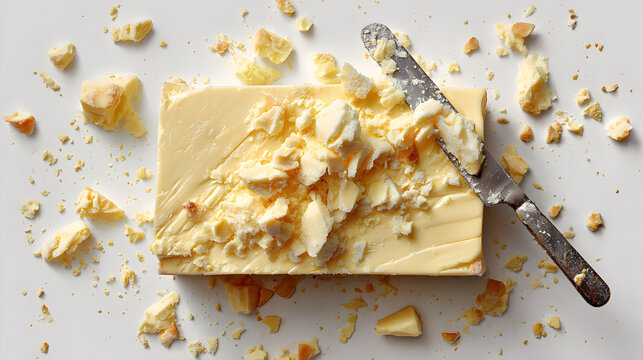 Block of butter being cut with a steel knife on a wooden board