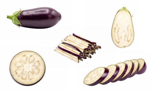 Fresh purple eggplant collection showing a whole vegetable, sliced rounds, longitudinal half, cross section, and matchstick cuts isolated on a clean white backgro with transparent background