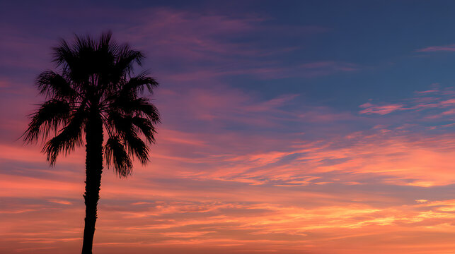A single palm tree silhouette against a beautiful colorful sunset sky
