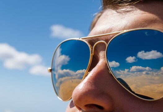 Close-up of person wearing sunglasses reflecting blue sky and clouds
