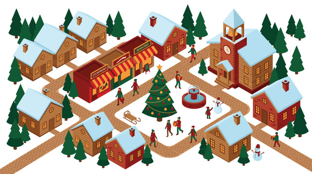 Winter village landscape with isometric houses and christmas tree in square.