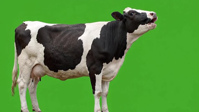 Holstein cow mooing with open mouth isolated on green screen background chroma key footage clip movement animal livestock farm agriculture mammal rural pasture video