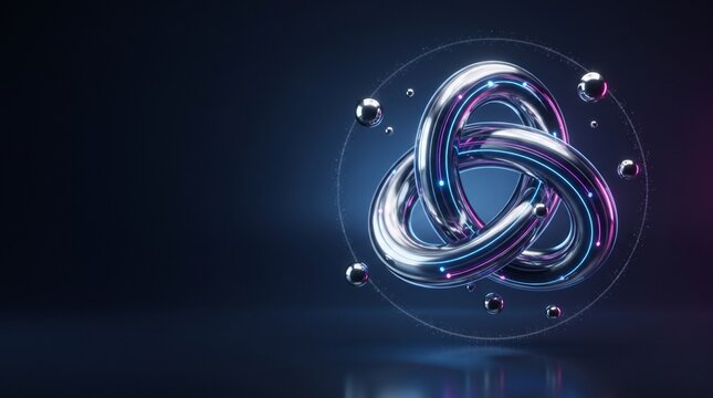 Abstract chrome knot 3D render. Interconnected metallic rings with glowing particle spheres. Futuristic technology concept for digital science and modern corporate graphics.