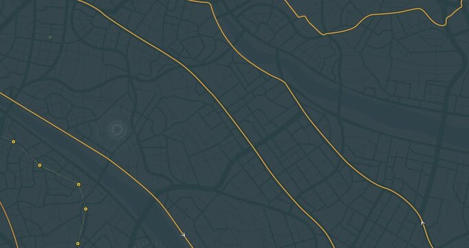 City Map with Orange Routes, Linked Yellow Nodes and Moving Direction Arrows