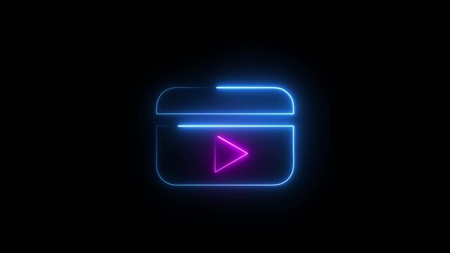 Neon blue movie clapper sign black background.