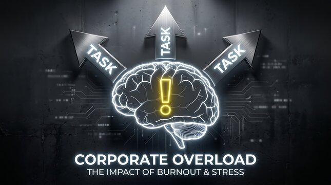 Glowing Brain Icon with Exclamation Mark and Task Arrows Representing Mental Burnout and Work Overload Concept