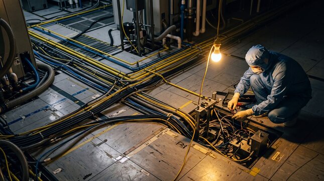 Semiconductor technician from above on geometric floor tile at night