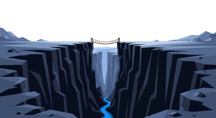 Fototapeta premium A rope bridge spans the gap between two steep, dark cliffs over a misty canyon.