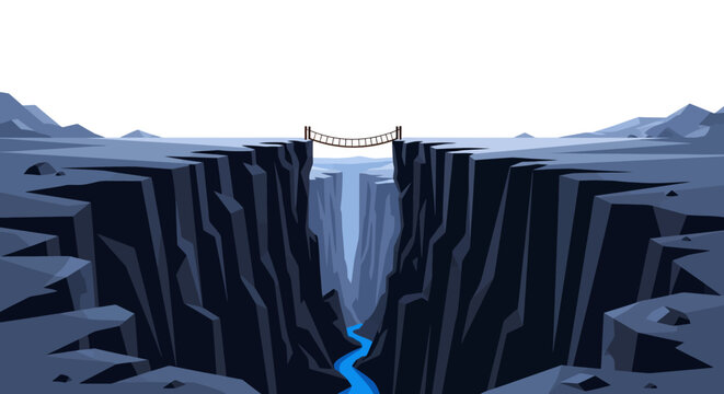 A rope bridge spans the gap between two steep, dark cliffs over a misty canyon.
