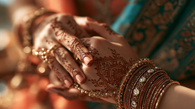 Intricate henna mehndi patterns on a woman's hands with traditional Indian bangles and jewelry, showcasing cultural beauty and wedding traditions.
