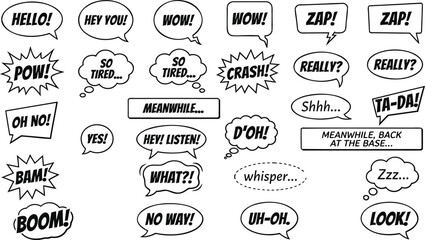 Comic speech bubbles vector set with retro pop art text phrases, black and white cartoon dialog boxes for graphic design © Masum Mia