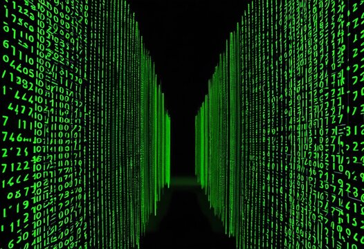 Digital Binary Code Flowing into a Green Tunnel - Abstract Tech Background