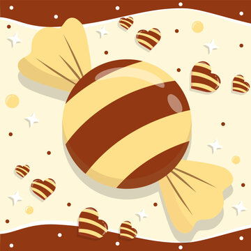 Chocolate Brown and Yellow Striped Wrapped Candy with Hearts Background