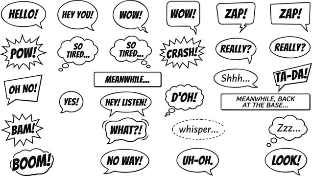 Comic speech bubbles vector set with retro pop art text phrases, black and white cartoon dialog boxes for graphic design