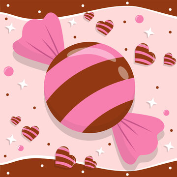 Pink and Chocolate Brown Striped Wrapped Candy with Hearts Background
