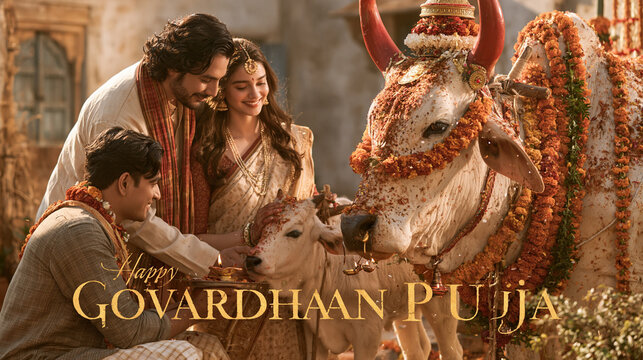 Hindu Devotees Worship Decorated Cow and Calf during Govardhan Puja Festival, Sacred Animals and Religious Tradition