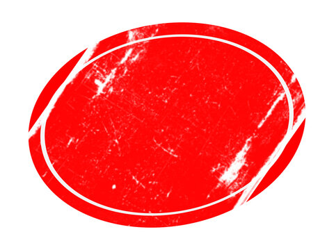 An oval red shape featuring a double white border outline, with a distressed, weathered texture, presented on a solid black background isolated on a transparent background