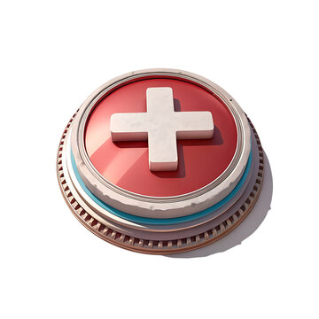 Round red button with white medical cross symbol for hospital and healthcare applications isolated on transparent background