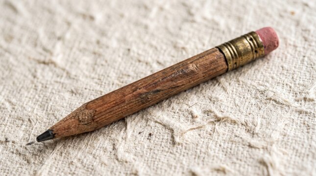 Close up of a well used wooden pencil with a pink eraser and brass ferrule resting on a textured fabric surface