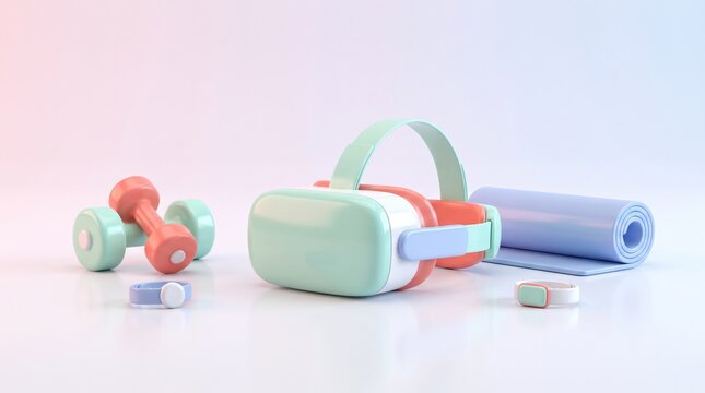 Pastel virtual reality headset with fitness equipment and yoga mat on