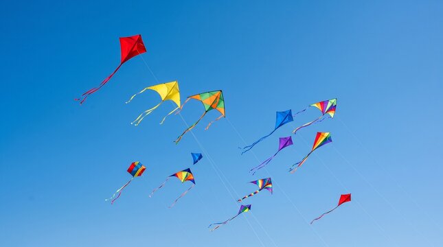 A vibrant collection of colorful kites soaring high against a clear blue sky on a sunny day